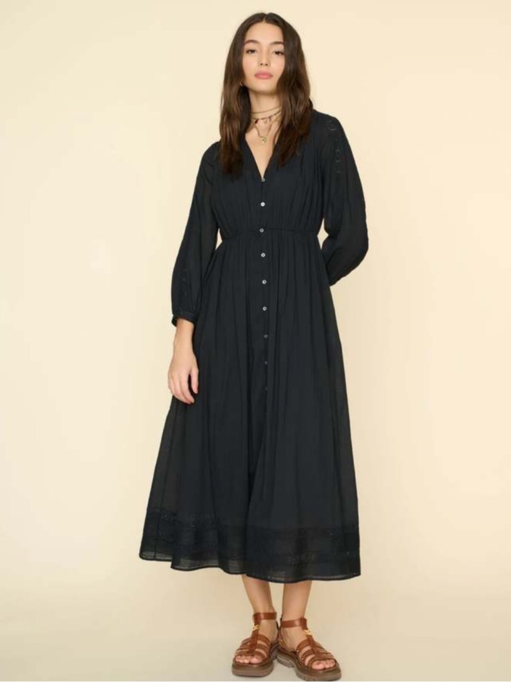 XIRENA Charlotte Dress Cotton Gauze Black Long Sleeve Dress black